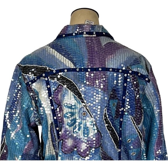 Sandy Starkman blue multicolor sequeined button-front jacket size Large - Picture 5 of 9